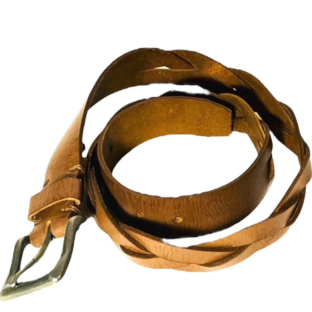 Zara Womens Braided Leather Belt 1.5 Inches Wide Caramel Tan Silvertone Buckle